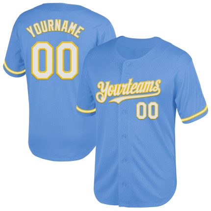 Personalized Light Blue Authentic Throwback Baseball Jersey with Custom Name & Number - White Yellow Mesh Team Design Personalized