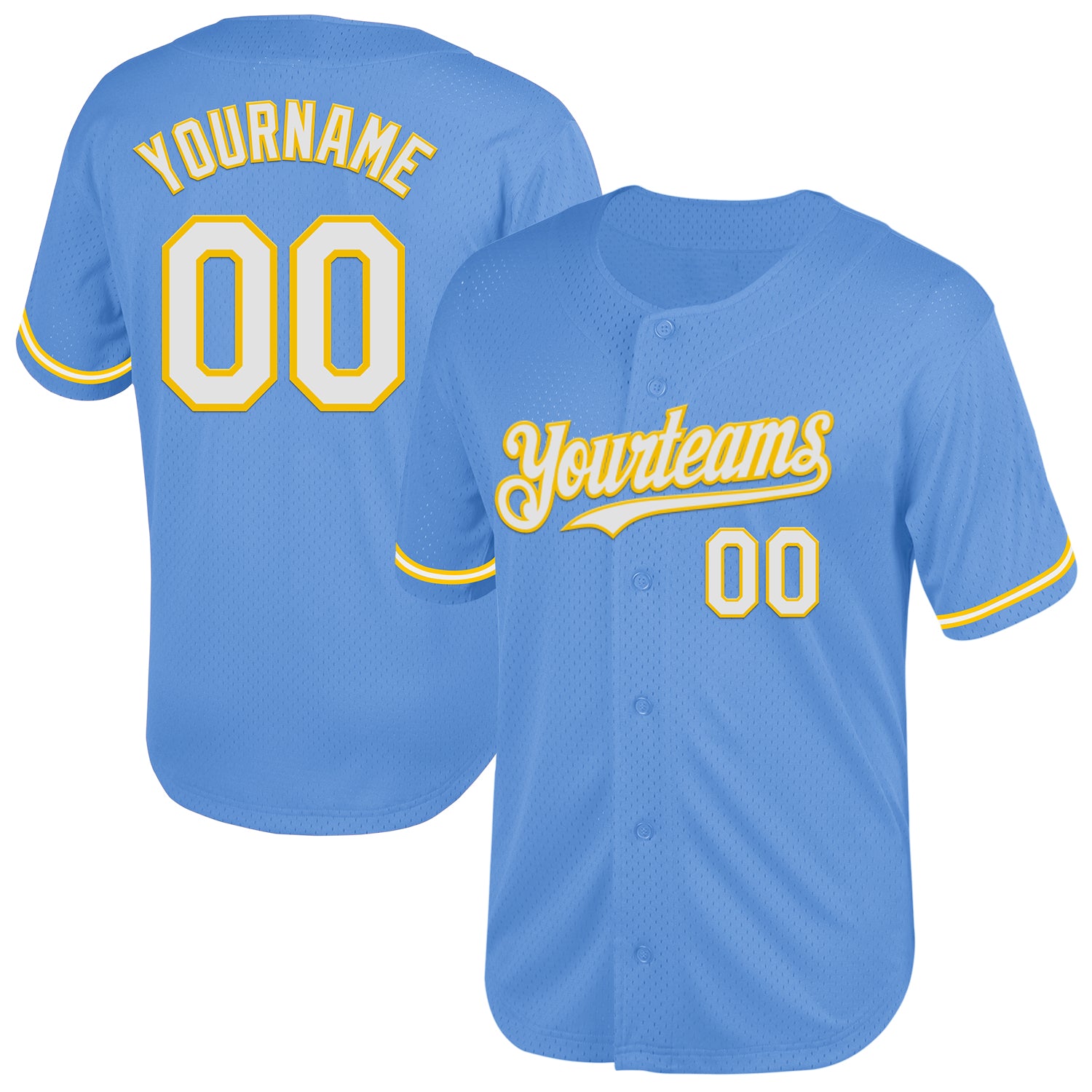 Personalized Light Blue Authentic Throwback Baseball Jersey with Custom Name & Number - White Yellow Mesh Team Design Personalized