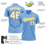 Custom Personalized Light Blue Yellow White Golf Polo Shirt with Name and Number - Performance Vapor Style Personalized Light