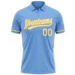 Custom Personalized Light Blue Yellow White Golf Polo Shirt with Name and Number - Performance Vapor Style Personalized Light