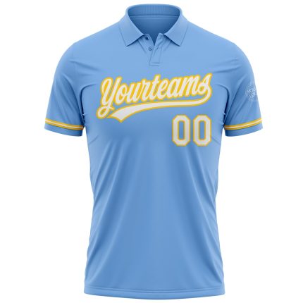 Custom Personalized Light Blue Yellow White Golf Polo Shirt with Name and Number - Performance Vapor Style Personalized Light
