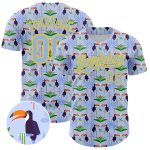 Personalized 3D Toucan Baseball Jersey with Tropical Palm Leaves - Light Blue Yellow Custom Name and Number Personalized