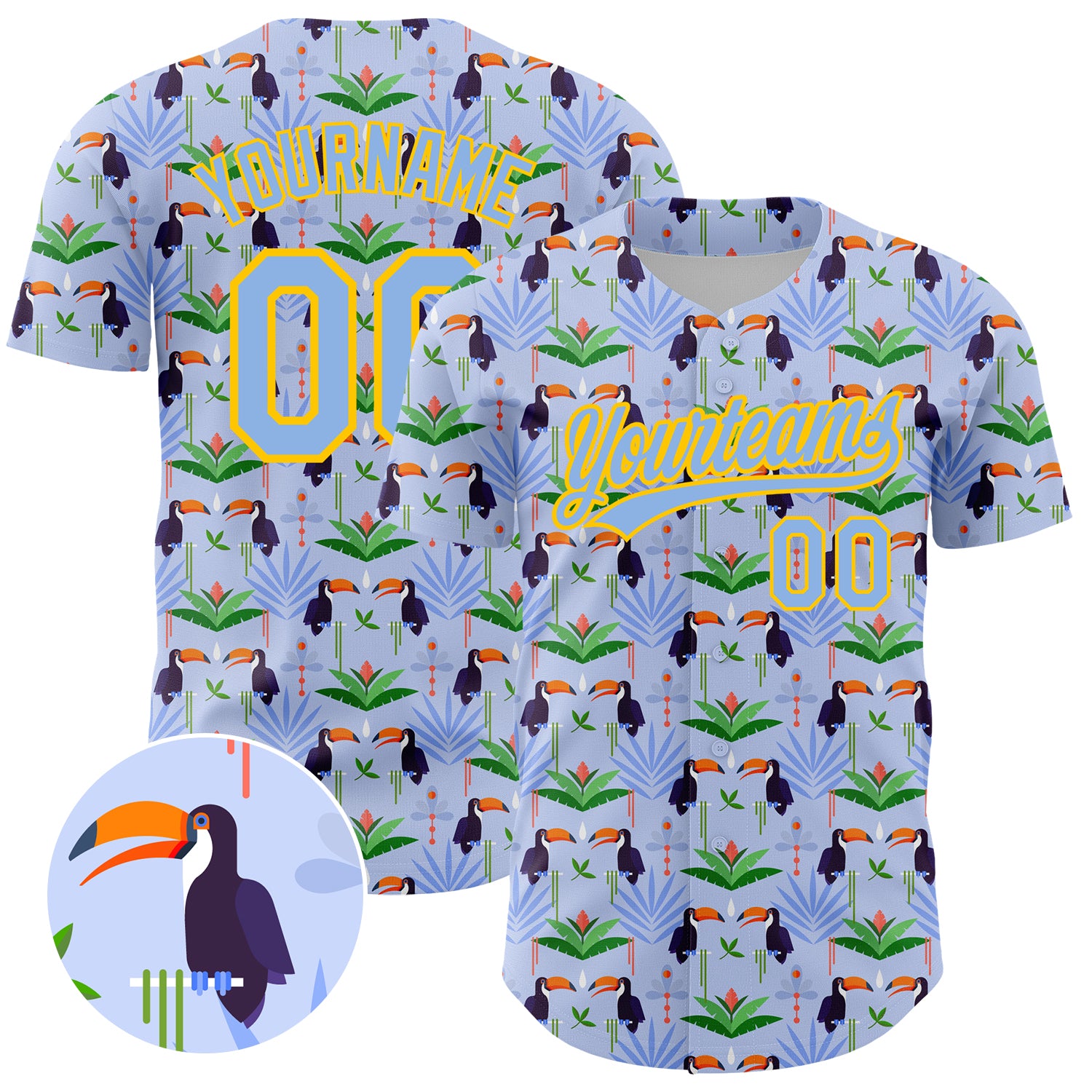 Personalized 3D Toucan Baseball Jersey with Tropical Palm Leaves - Light Blue Yellow Custom Name and Number Personalized