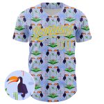 Personalized 3D Toucan Baseball Jersey with Tropical Palm Leaves - Light Blue Yellow Custom Name and Number Personalized