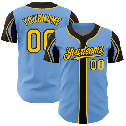 Custom Baseball Jersey with Personalized Name and Number - Light Blue Yellow Black Arm Shapes in 3 Colors Personalized Light