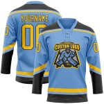 Custom Name and Number Hockey Jersey - Light Blue Yellow-Black Lace Neck Design Personalized Light Blue Yellow-Black Hockey
