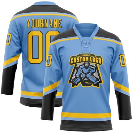 Custom Name and Number Hockey Jersey - Light Blue Yellow-Black Lace Neck Design Personalized Light Blue Yellow-Black Hockey