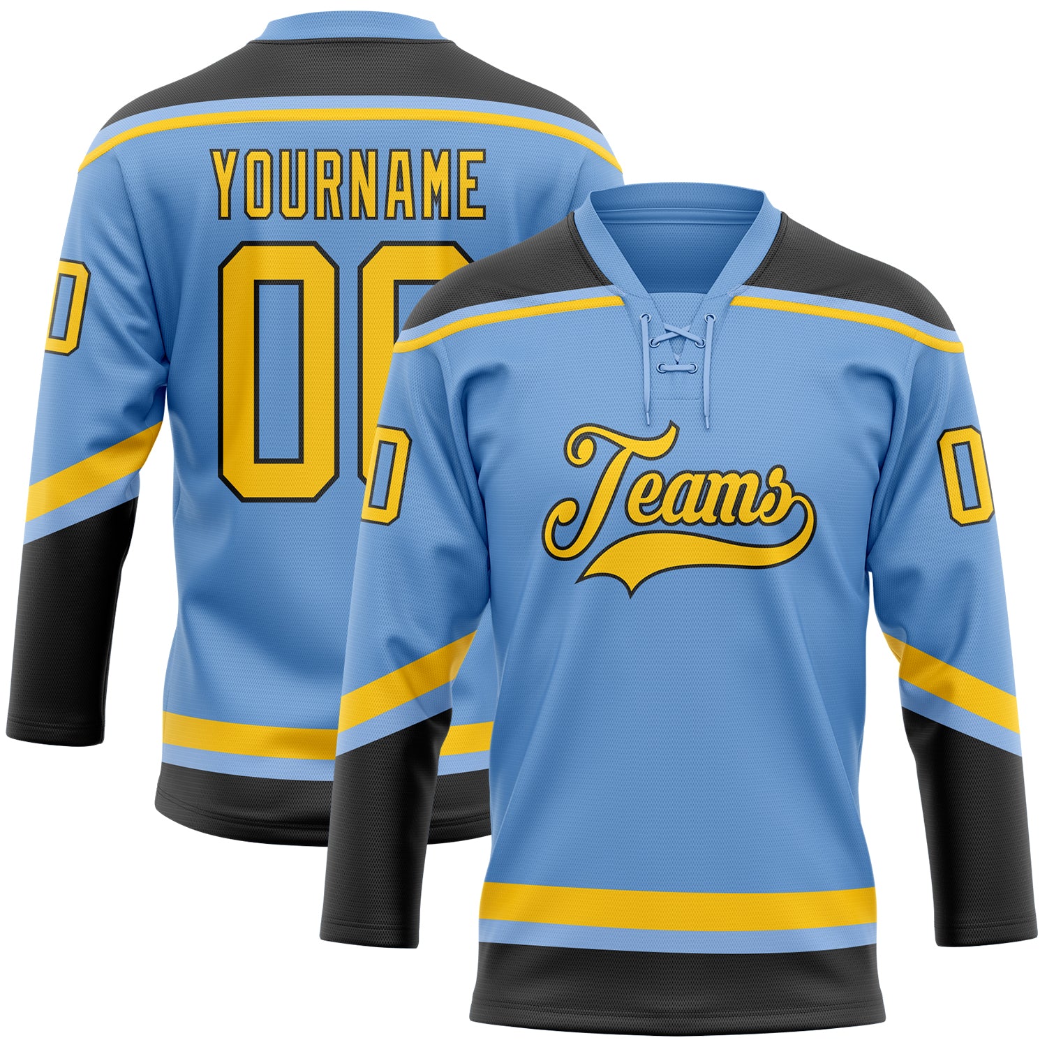 Custom Name and Number Hockey Jersey - Light Blue Yellow-Black Lace Neck Design Personalized Light Blue Yellow-Black Hockey