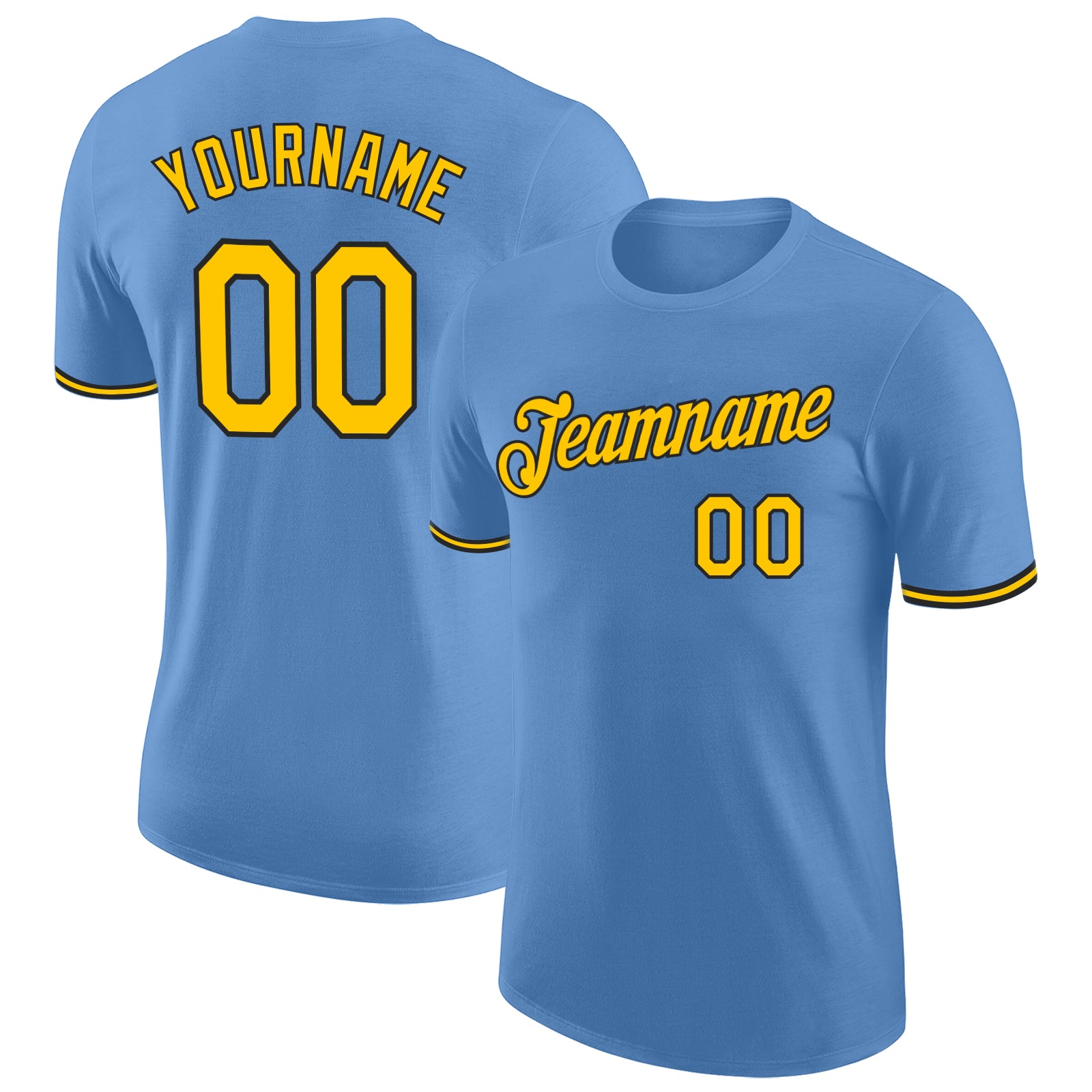 Custom Team Performance T-Shirt with Name and Number - Light Blue Yellow-Black Color Options Personalized Light Blue Yellow-Black