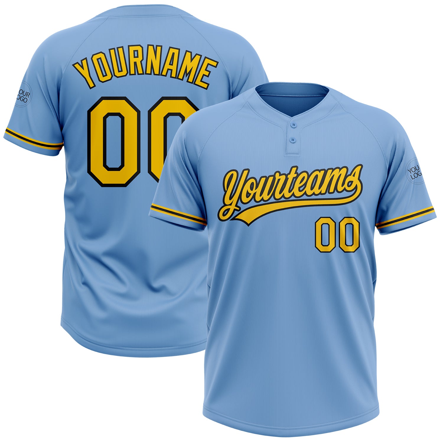 Custom Name and Number Softball Jersey Unisex Two-Button Light Blue Yellow-Black Design Personalized Light Blue Yellow-Black