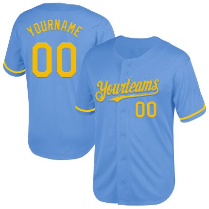 Custom Authentic Light Blue Yellow Mesh Baseball Jersey with Personalized Name and Number Personalized Light Blue Yellow