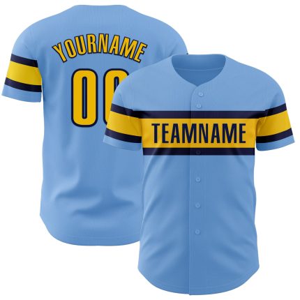 Personalized Authentic Baseball Jersey in Light Blue with Yellow and Navy Trim Personalized Light Blue Yellow-Navy Authentic