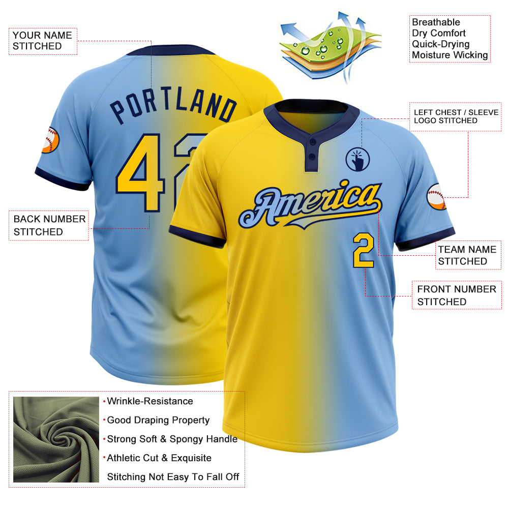 Personalized Light Blue Yellow-Navy Gradient Fashion Two-Button Unisex Softball Jersey Team Custom Name and Number Custom Name & Number Unisex Softball Jersey - Light Blue Yellow-Navy Gradient Fashion Two-Button Design Personalized Light - Image 3