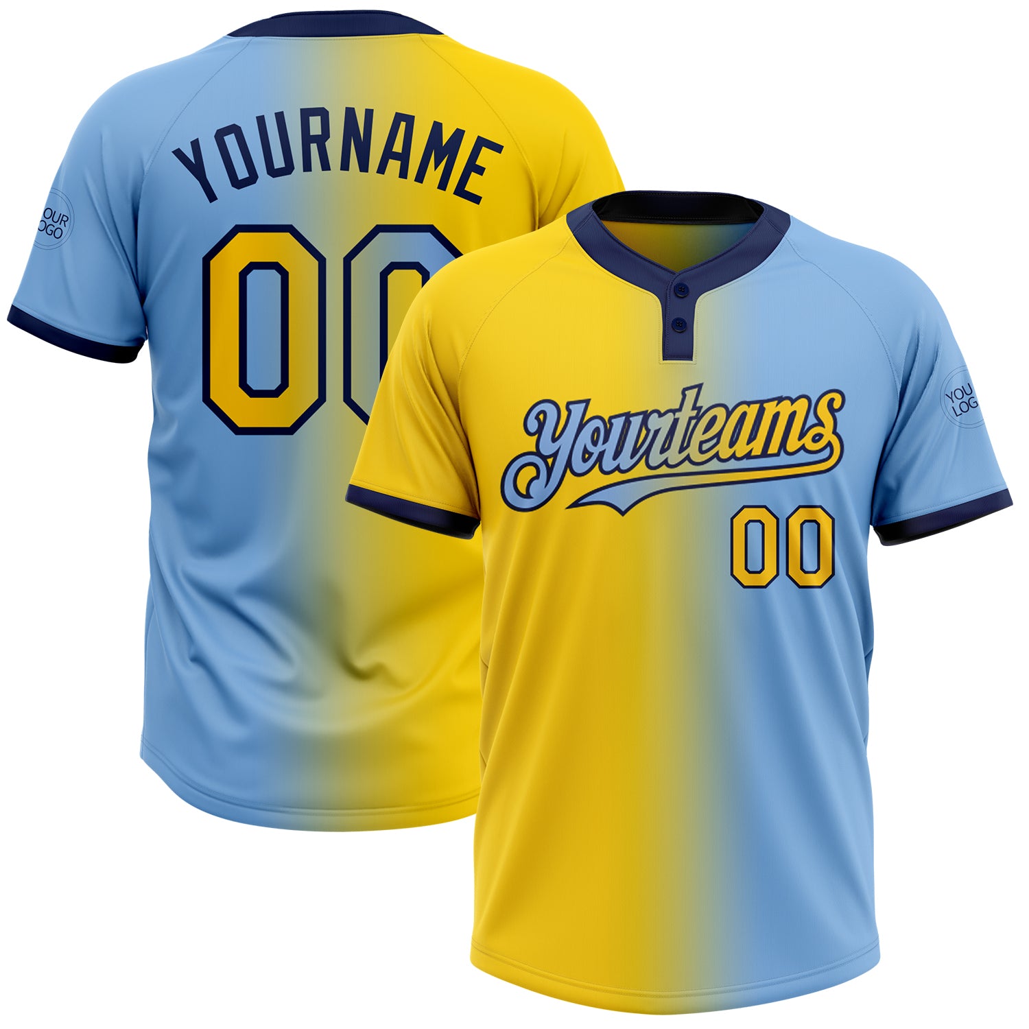 Custom Name & Number Unisex Softball Jersey - Light Blue Yellow-Navy Gradient Fashion Two-Button Design Personalized Light