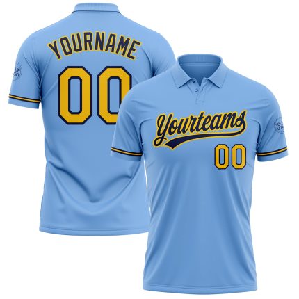 Customizable Light Blue Yellow-Navy Performance Golf Polo Shirt with Team Name and Number Personalized Light Blue Yellow-Navy