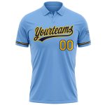 Customizable Light Blue Yellow-Navy Performance Golf Polo Shirt with Team Name and Number Personalized Light Blue Yellow-Navy