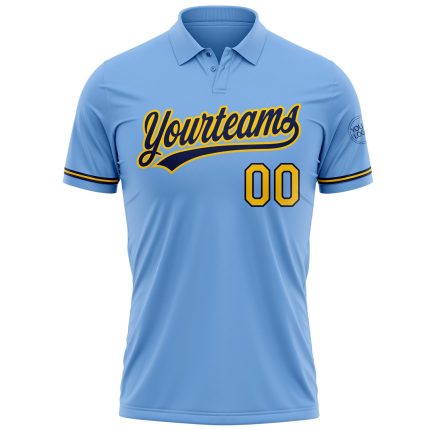 Customizable Light Blue Yellow-Navy Performance Golf Polo Shirt with Team Name and Number Personalized Light Blue Yellow-Navy
