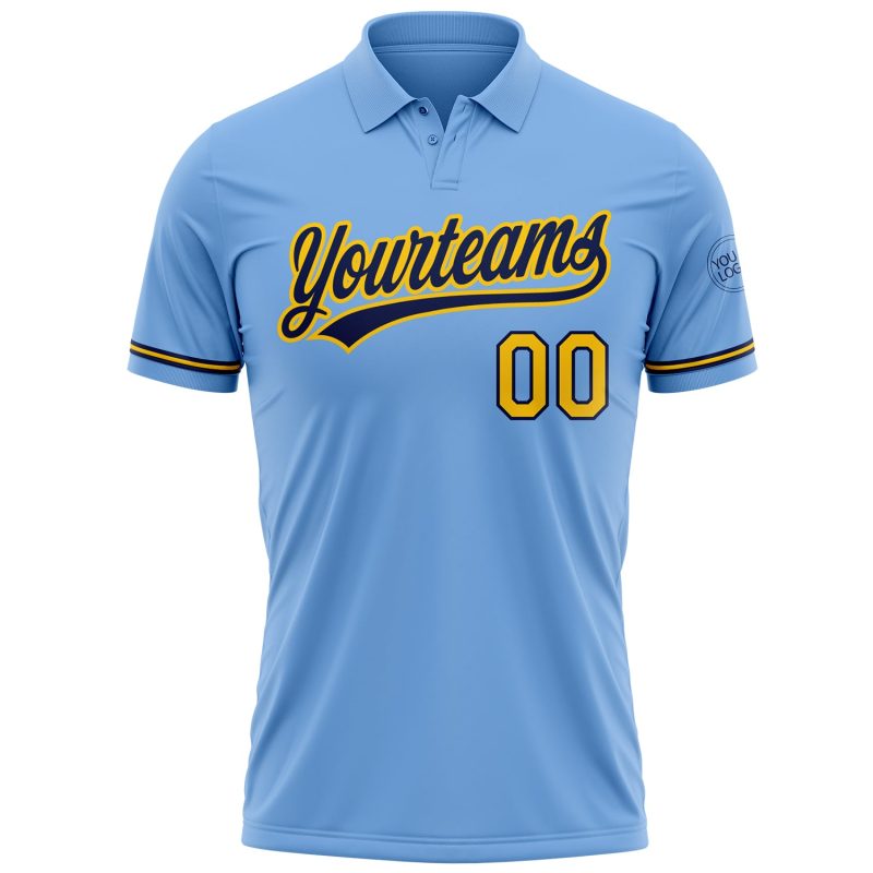 Customizable Light Blue Yellow-Navy Performance Golf Polo Shirt with Team Name and Number Personalized Light Blue Yellow-Navy