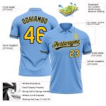 Customizable Light Blue Yellow-Navy Performance Golf Polo Shirt with Team Name and Number Personalized Light Blue Yellow-Navy