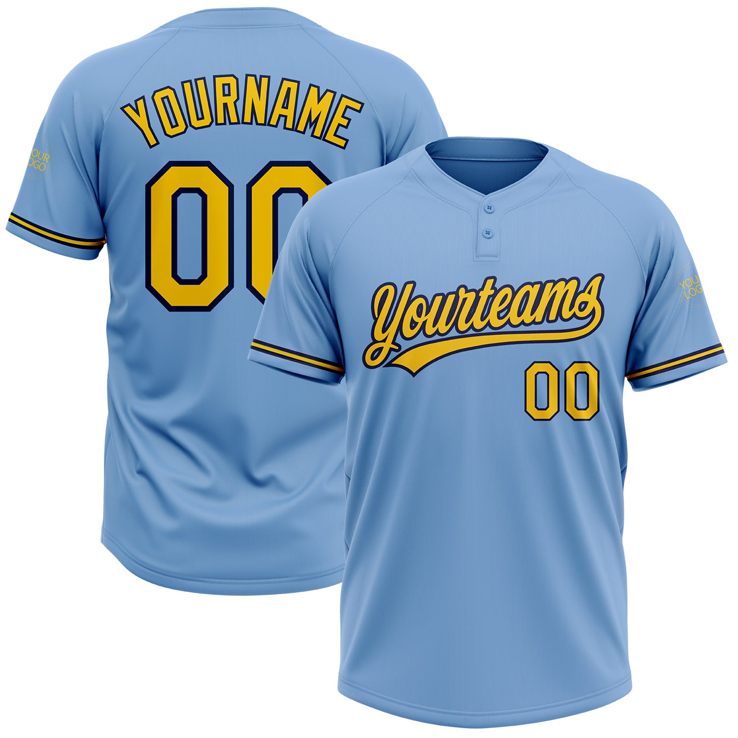 Custom Name and Number Light Blue Yellow-Navy Unisex Softball Jersey - Personalized Two-Button Design Personalized Light
