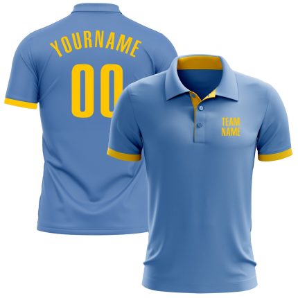 Custom Personalized Light Blue Yellow Golf Polo Shirt with Team Name and Number - Performance Fit Personalized Light Blue