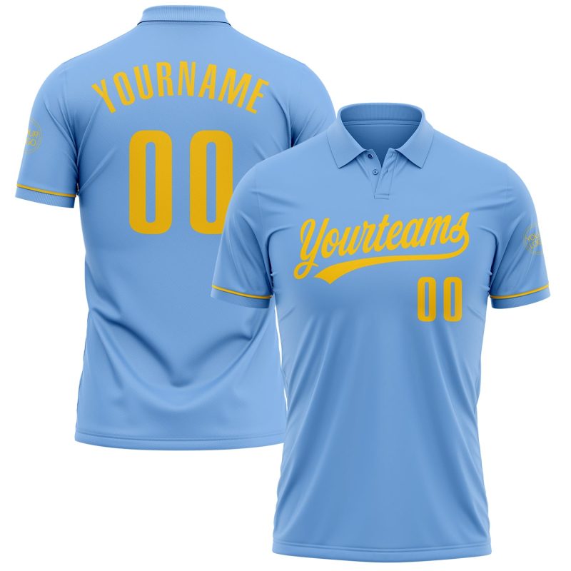 Custom Name and Number Light Blue Yellow Vapor Performance Golf Polo Shirt Personalized Team Apparel Personalized Light Blue