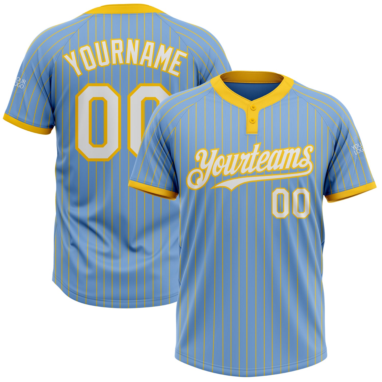 Custom Softball Jersey Unisex Two-Button Light Blue Yellow Pinstripe with Name and Number - Personalized Team Apparel Personalized