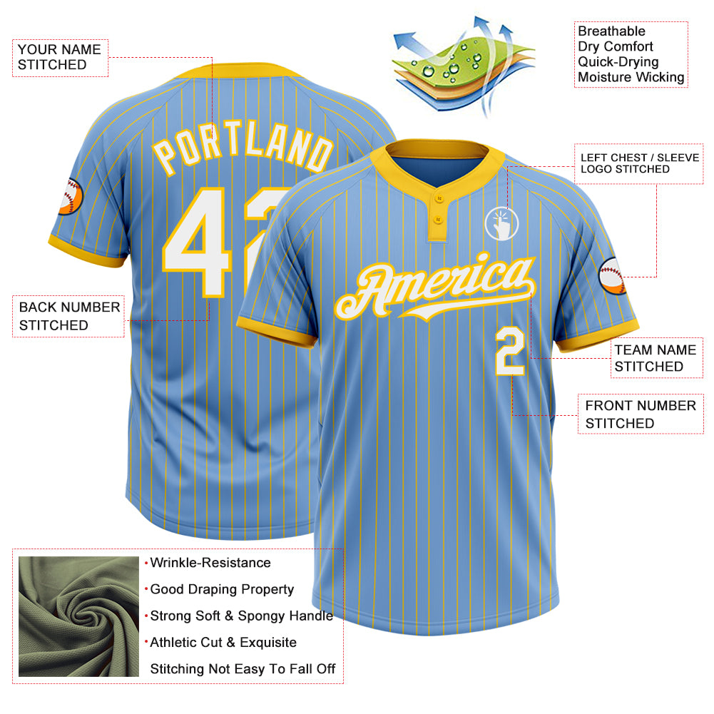 Personalized Light Blue Yellow Pinstripe White Two-Button Unisex Softball Jersey Team Custom Name and Number Custom Softball Jersey Unisex Two-Button Light Blue Yellow Pinstripe with Name and Number - Personalized Team Apparel Personalized - Image 3