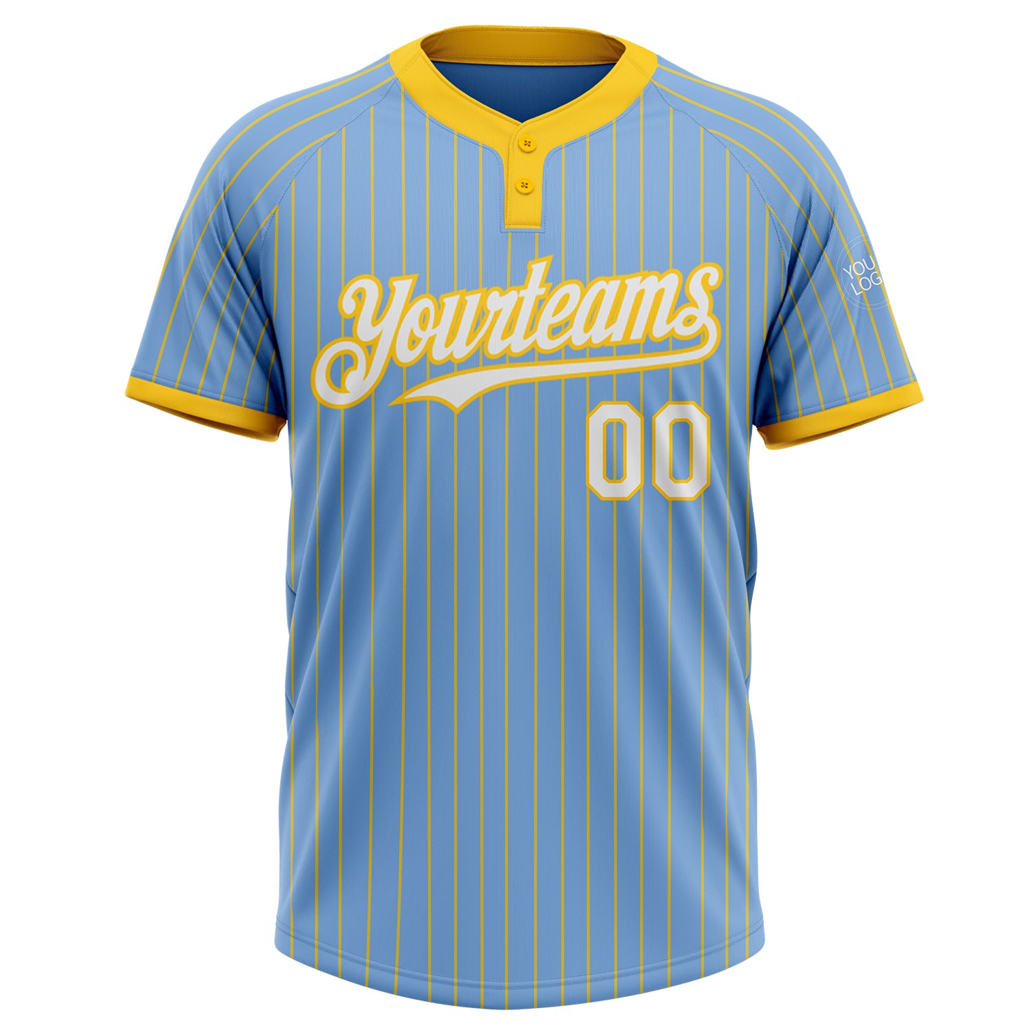 Personalized Light Blue Yellow Pinstripe White Two-Button Unisex Softball Jersey Team Custom Name and Number Custom Softball Jersey Unisex Two-Button Light Blue Yellow Pinstripe with Name and Number - Personalized Team Apparel Personalized - Image 2