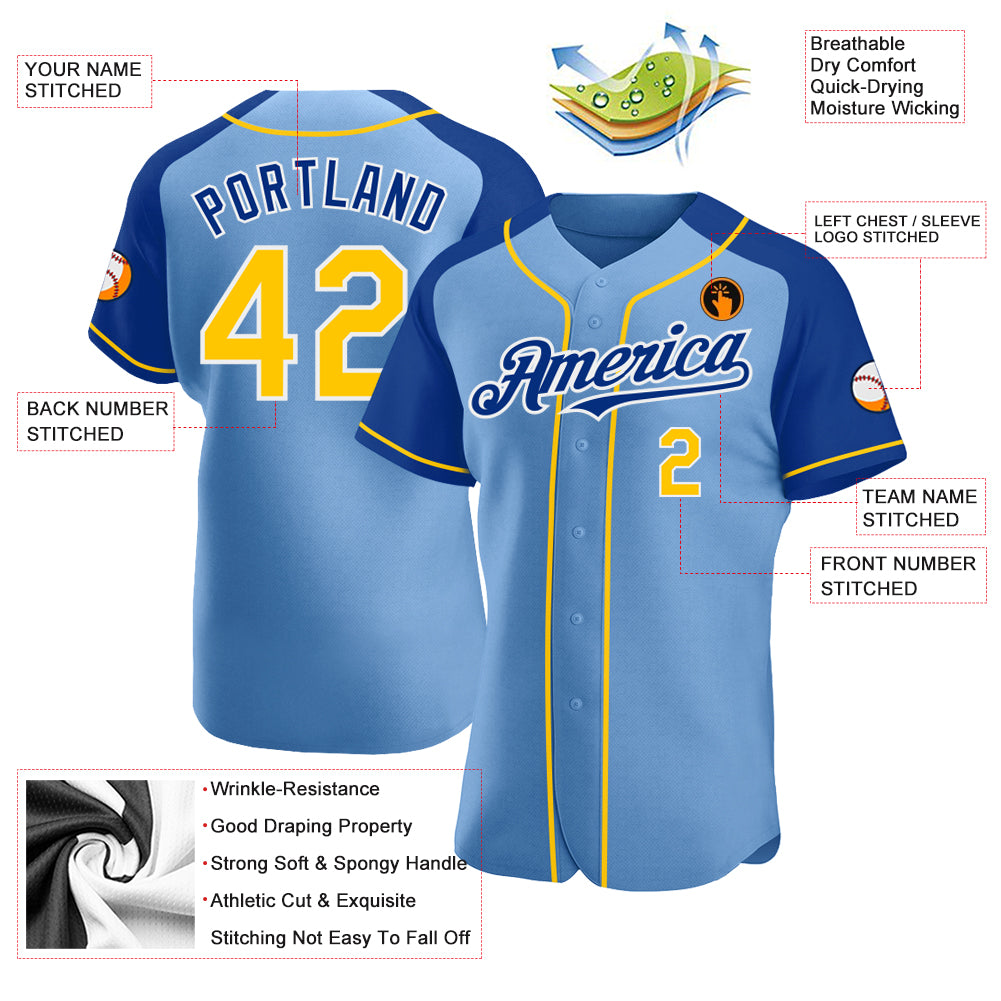 Personalized Light Blue Yellow-Royal Authentic Raglan Sleeves Baseball Jersey Team Custom Name and Number Custom Name and Number Baseball Jersey - Light Blue Yellow-Royal Authentic Raglan Sleeves Personalized Light Blue Yellow-Royal - Image 3