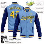 Custom Name and Number Two-Tone Light Blue Yellow-Royal Bomber Varsity Jacket - Personalized Full-Snap Letterman Jacket Personalized