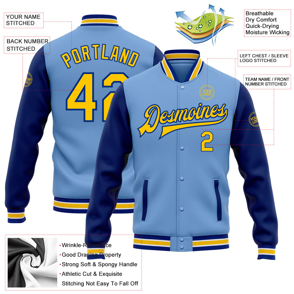 Personalized Light Blue Yellow-Royal Bomber Full-Snap Varsity Letterman Two Tone Jacket Team Custom Name and Number Custom Name and Number Two-Tone Light Blue Yellow-Royal Bomber Varsity Jacket - Personalized Full-Snap Letterman Jacket Personalized - Image 3