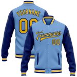 Custom Name and Number Two-Tone Light Blue Yellow-Royal Bomber Varsity Jacket - Personalized Full-Snap Letterman Jacket Personalized