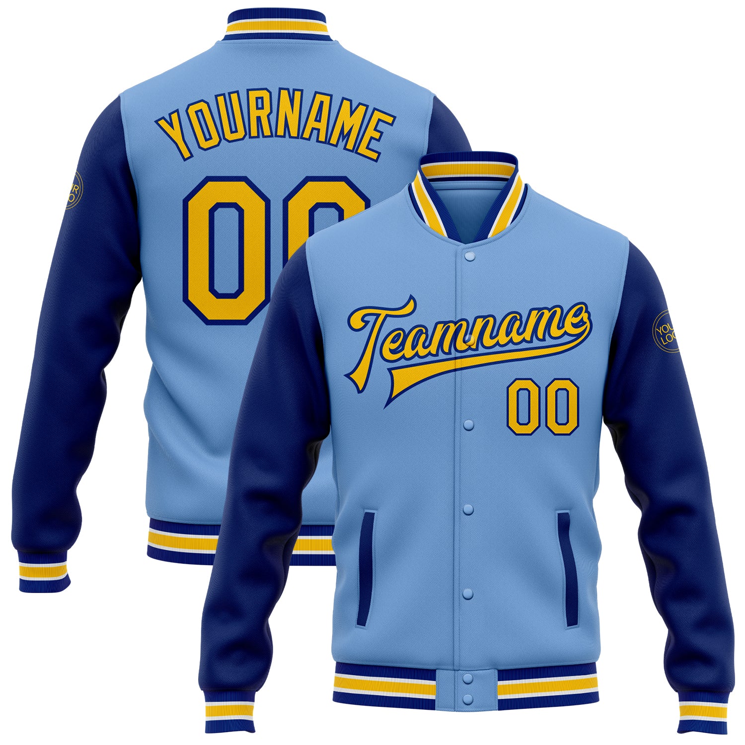Custom Name and Number Two-Tone Light Blue Yellow-Royal Bomber Varsity Jacket - Personalized Full-Snap Letterman Jacket Personalized
