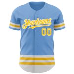 Custom Personalized Light Blue Baseball Jersey with Yellow White Lines - Team Name & Number Personalized Light Blue Yellow-White