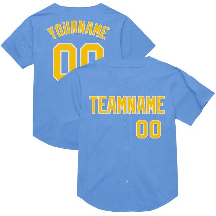 Custom Name and Number Authentic Throwback Baseball Jersey - Personalized Light Blue Yellow-White Mesh Design Personalized