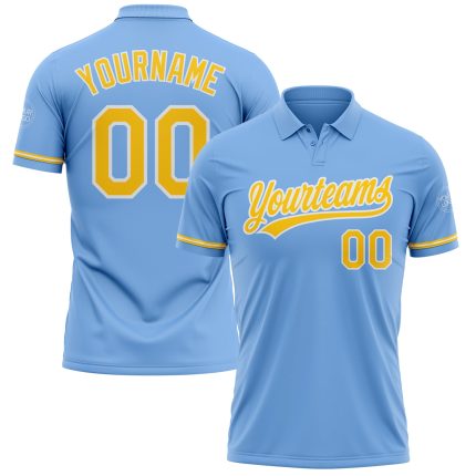 Custom Team Name Number Light Blue Yellow White Performance Golf Polo Shirt Personalized Light Blue Yellow-White Performance