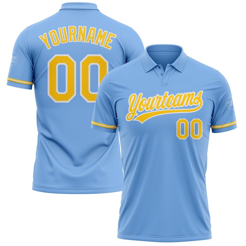 Custom Team Name Number Light Blue Yellow White Performance Golf Polo Shirt Personalized Light Blue Yellow-White Performance