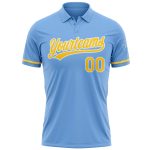Custom Team Name Number Light Blue Yellow White Performance Golf Polo Shirt Personalized Light Blue Yellow-White Performance