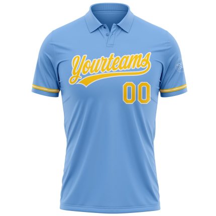 Custom Team Name Number Light Blue Yellow White Performance Golf Polo Shirt Personalized Light Blue Yellow-White Performance