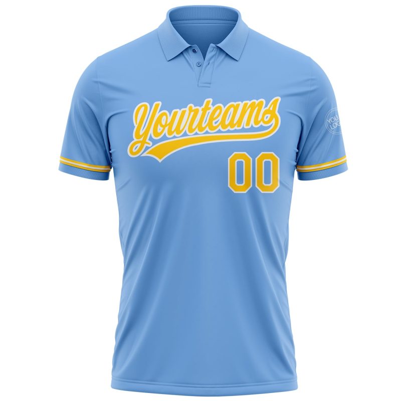 Custom Team Name Number Light Blue Yellow White Performance Golf Polo Shirt Personalized Light Blue Yellow-White Performance