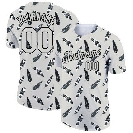 Custom Name Number Performance T-Shirt - Personalized 3D Pattern Design - Light Gray Black Feather Style Personalized Light