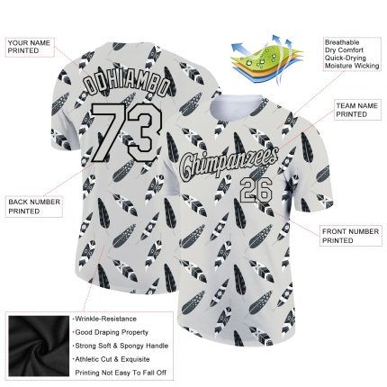 Custom Name Number Performance T-Shirt - Personalized 3D Pattern Design - Light Gray Black Feather Style Personalized Light