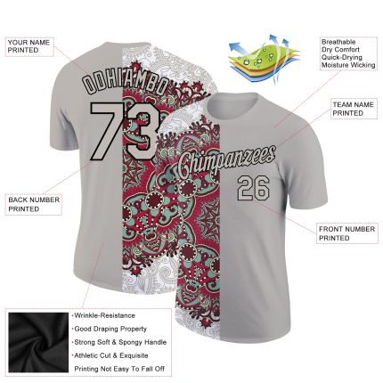 Custom Floral 3D Pattern Performance T-Shirt with Name & Number - Light Gray & Black Design Personalized Light Gray Black