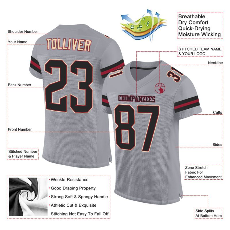 Custom Light Gray Black Crimson Football Jersey with Personalized Name and Number - Authentic Team Gear Personalized Light