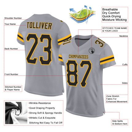 Custom Personalized Authentic Football Jersey - Light Gray Black Gold Mesh with Custom Name and Number Personalized Light