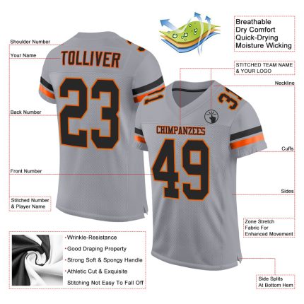 Custom Name and Number Personalized Light Gray Black-Orange Mesh Football Jersey Authentic Team Apparel Personalized Light
