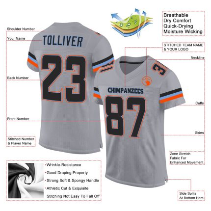 Custom Personalized Football Jersey - Light Gray Black-Powder Blue Mesh with Team Name and Number Personalized Light Gray