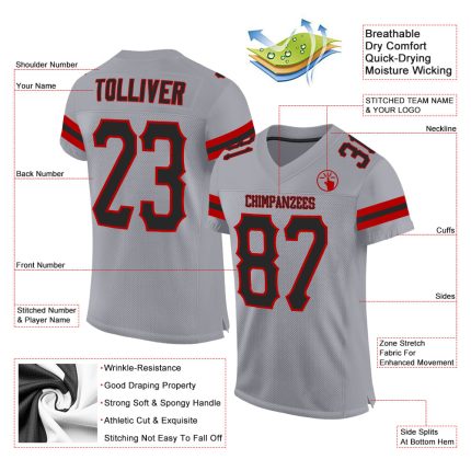 Customizable Light Gray Black-Red Mesh Football Jersey with Team Name and Number - Authentic Design Personalized Light Gray