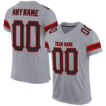 Customizable Light Gray Black-Red Mesh Football Jersey with Team Name and Number - Authentic Design Personalized Light Gray
